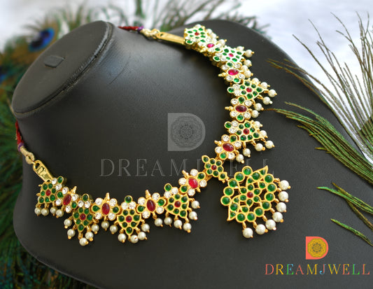 Gold tone semi precious kemp-green pearl necklace dj-28695