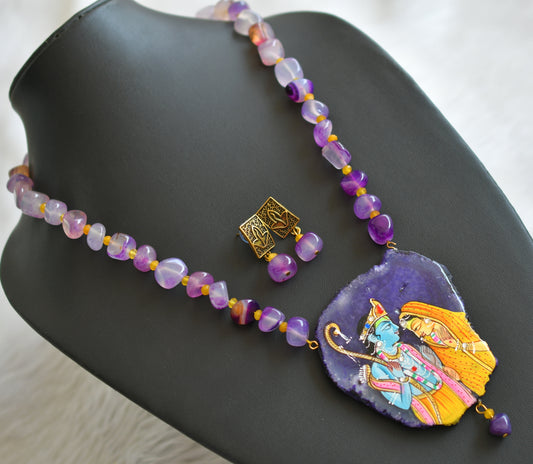 Hand painted ram-sita sliced agate pendant with purple-yellow onyx beaded necklace set dj-45672