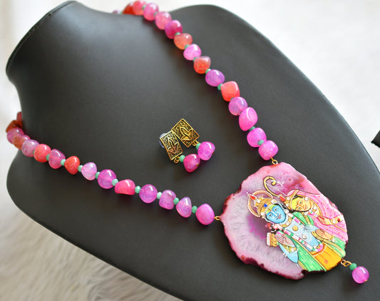 Hand painted ram-sita sliced agate pendant with pink-green onyx beaded necklace set dj-45673