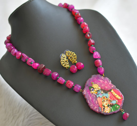 Hand painted radha-krishna sliced agate pendant with pink-green onyx beaded necklace set dj-45663