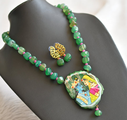 Hand painted radha-krishna sliced agate pendant with green-pink onyx beaded necklace set dj-45664