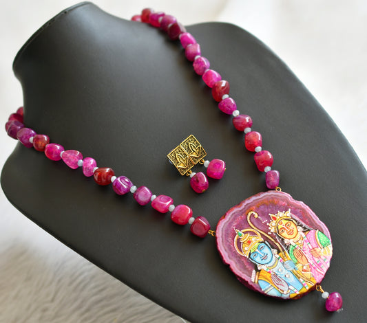 Hand painted ram-sita sliced agate pendant with pink onyx beaded necklace set dj-45671