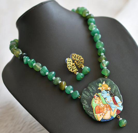 Hand painted radha-krishna sliced agate pendant with green onyx beaded necklace set dj-45668