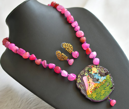 Hand painted radha-krishna sliced agate pendant with pink-purple onyx beaded necklace set dj-45666