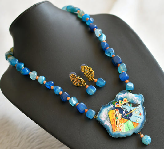 Hand painted radha-krishna sliced agate pendant with blue-orange onyx beaded necklace set dj-45670