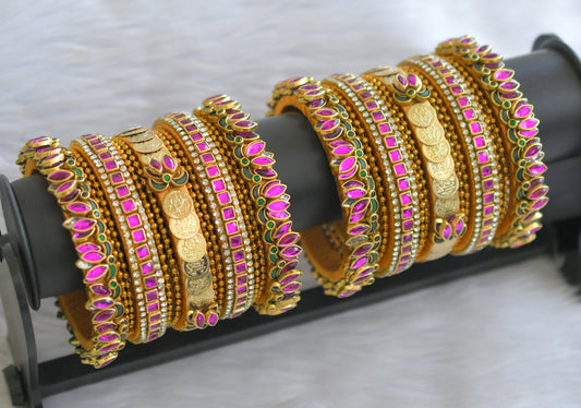 Gold tone silk thread pink-green-white kundan lotus lakshmi coin lotus bangles(2.6) dj-45872