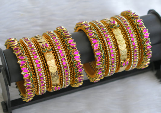Gold tone silk thread pink-green-white kundan lotus lakshmi coin bangles(2.8) dj-46004