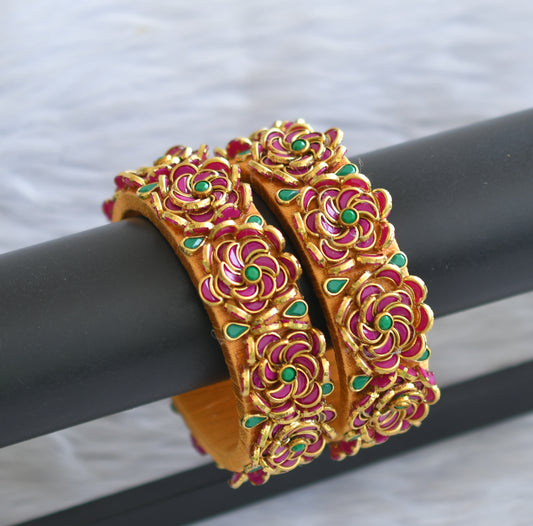 Gold tone silk thread pink-green kundan flower bangles(2.4) dj-45877