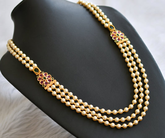 Gold tone ruby-green pearl multi layer mala/necklace dj-45893