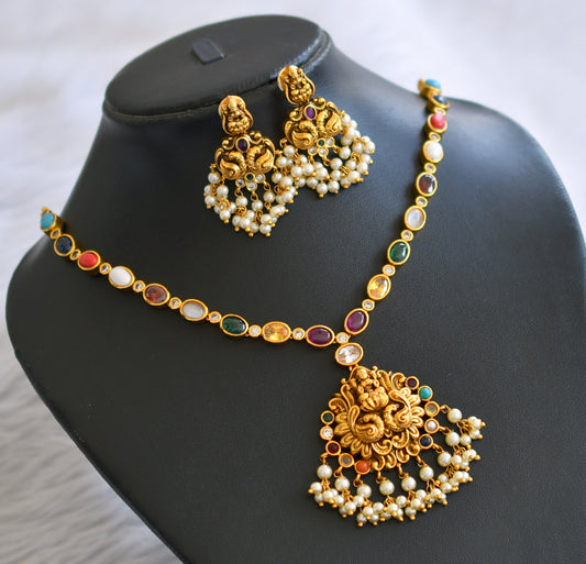 Antique gold tone navarathna oval stone lakshmi peacock necklace set dj-45906
