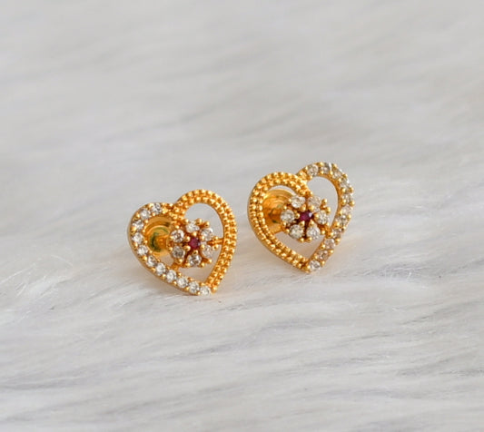 Gold tone cz white-ruby heart earrings/stud dj-45928